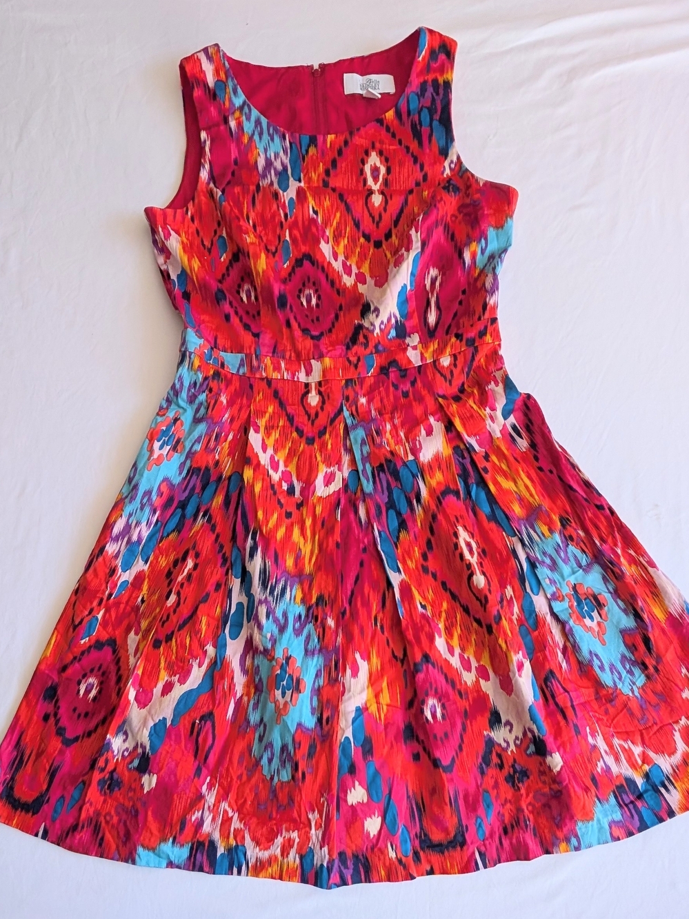 Badgley Mischka Vibrant Red and Blue Ikat Print Sleeveless Dress